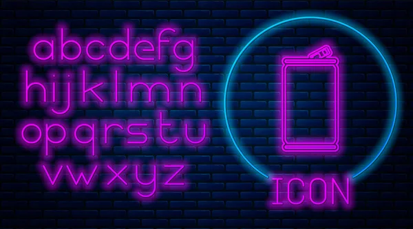 Gloeiende neon aluminium kan pictogram geïsoleerd op baksteen muur achtergrond. Neon licht alfabet. Vector Illustratie — Stockvector