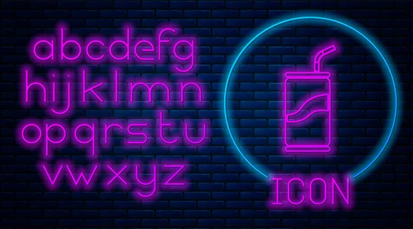 Gloeiend neon Natriumblik met drinkstropictogram geïsoleerd op bakstenen wandachtergrond. Neon licht alfabet. Vector Illustratie — Stockvector