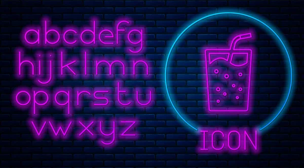 Glödande neon glas med vatten ikon isolerad på tegel vägg bakgrund. Dricksglas med sugrör. Färsk kall dryck symbol. Neonljus alfabet. Vektor Illustration — Stock vektor