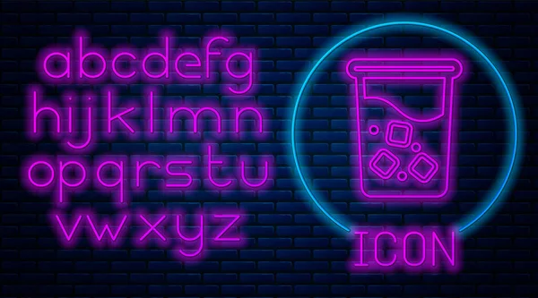 Glowing neon Glass with water icon isolated on brick wall background. Soda drink glass. Fresh cold beverage symbol. Neon light alphabet. Vector Illustration — Stock Vector