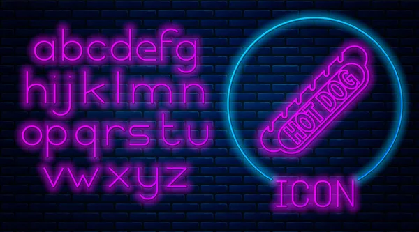 Gloeiende neon Hotdog sandwich pictogram geïsoleerd op bakstenen muur achtergrond. Worstpictogram. Fastfood bord. Neon licht alfabet. Vector Illustratie — Stockvector