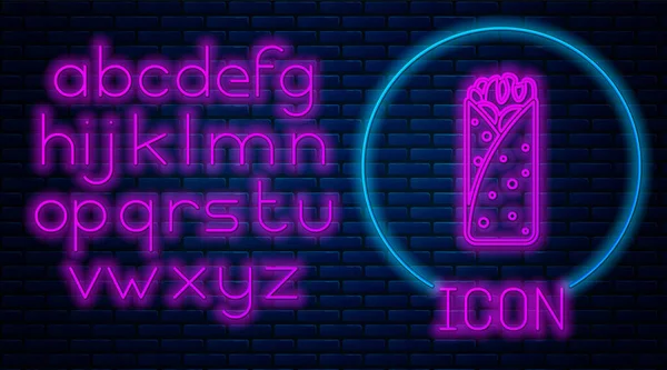 Leuchtende Neon-Burrito-Ikone isoliert auf Backsteinwand Hintergrund. traditionelles mexikanisches Fast Food. Neonlicht-Alphabet. Vektorillustration — Stockvektor