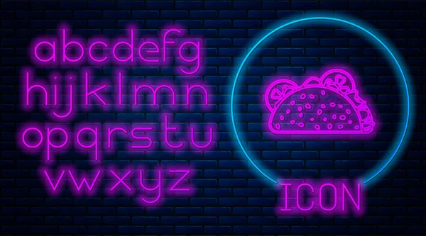 Leuchtende Neon Taco mit Tortilla-Symbol isoliert auf Backsteinwand Hintergrund. traditionelles mexikanisches Fast Food. Neonlicht-Alphabet. Vektorillustration — Stockvektor