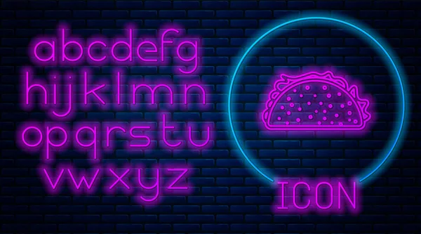 Glowing neon Taco with tortilla icon isolated on brick wall background. Traditional mexican fast food. Neon light alphabet. Vector Illustration — Stock Vector