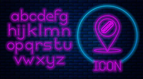 Glowing neon Map pointer with fast food hotdog icon isolated on brick wall background. Sausage icon. Neon light alphabet. Vector Illustration — Stock Vector