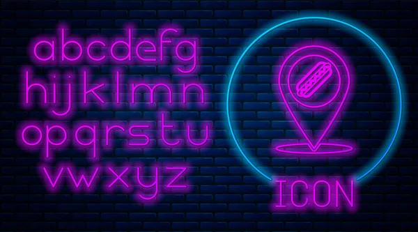 Ragyogó neon térkép mutató gyorsétterem hotdog ikon elszigetelt téglafal háttér. Kolbász ikon. Neonfény ábécé. Vektorillusztráció — Stock Vector