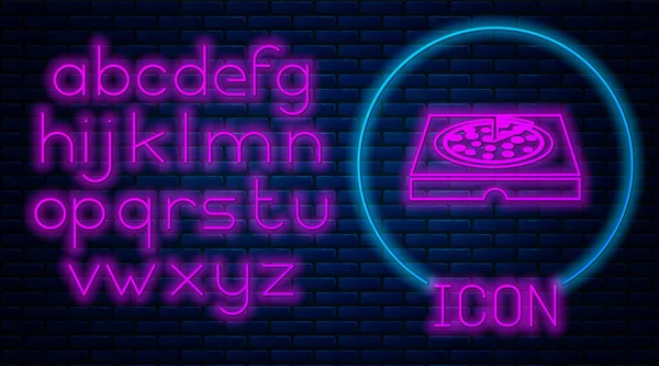 Leuchtende Neon-Pizza in Pappschachtel-Symbol isoliert auf Backsteinwand Hintergrund. Box mit Layout-Elementen. Neonlicht-Alphabet. Vektorillustration — Stockvektor