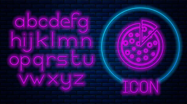 Leuchtende Neon-Pizza-Ikone isoliert auf Backsteinwand Hintergrund. Neonlicht-Alphabet. Vektorillustration — Stockvektor