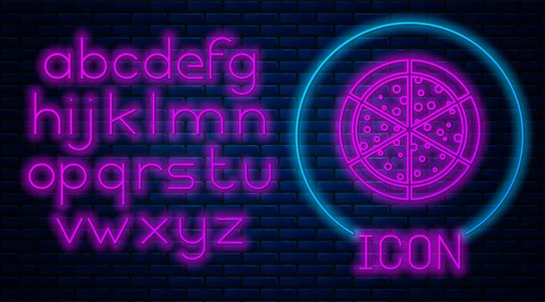 Gloeiende neon Pizza icoon geïsoleerd op bakstenen muur achtergrond. Neon licht alfabet. Vector Illustratie — Stockvector