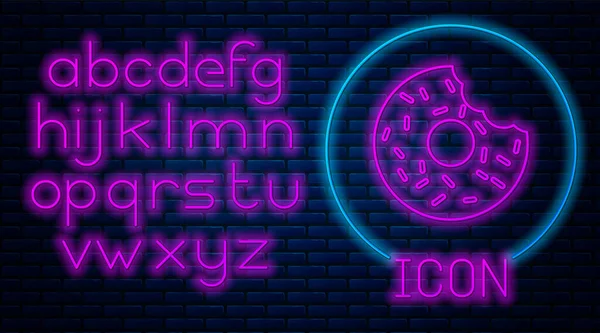Glödande neon Donut med söt glasyr ikon isolerad på tegelvägg bakgrund. Neonljus alfabet. Vektor Illustration — Stock vektor
