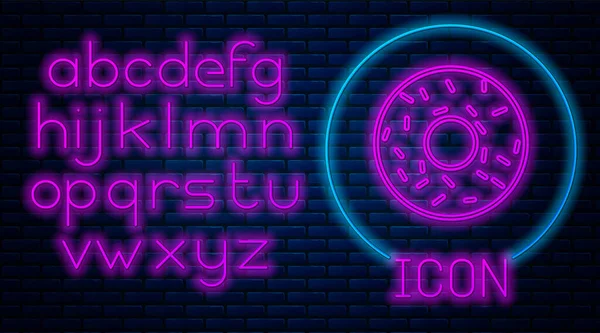 Gloeiende neon Donut met zoete glazuur pictogram geïsoleerd op baksteen muur achtergrond. Neon licht alfabet. Vector Illustratie — Stockvector