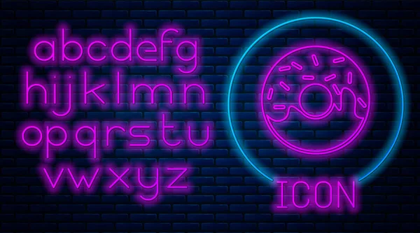 Glowing neon Donut with sweet glaze icon isolated on brick wall background. Neon light alphabet. Vector Illustration — Stock Vector