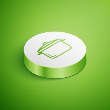 Isome 'ın tencere ikonu yeşil arka planda izole edilmiş. Haşlama ya da güveç besin sembolü. Beyaz daire düğmesi. Vektör İllüstrasyonu