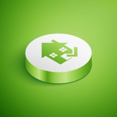 Yeşil arka planda işaretleme simgesine sahip Isometric House. Emlakçı ya da köy elit sınıfı. Beyaz daire düğmesi. Vektör İllüstrasyonu