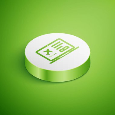 Yeşil arka planda elektronik uçuş kartı olan Isometric Laptop. Web ve uygulama için yolcu uçağı bileti. Beyaz daire düğmesi. Vektör İllüstrasyonu