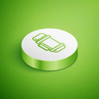 Isometric Termos kabı ikonu yeşil arka planda izole edildi. Termo matara ikonu. Kamp ve yürüyüş ekipmanları. Beyaz daire düğmesi. Vektör İllüstrasyonu