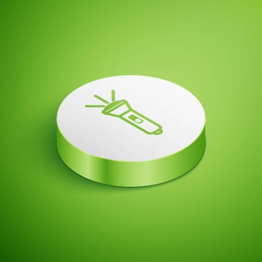 Isometric Flashlight simgesi yeşil arkaplanda izole edildi. Beyaz daire düğmesi. Vektör İllüstrasyonu