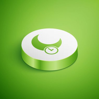 Uyuyan Ay simgesi yeşil arka planda izole edilmiş. Beyaz daire düğmesi. Vektör İllüstrasyonu
