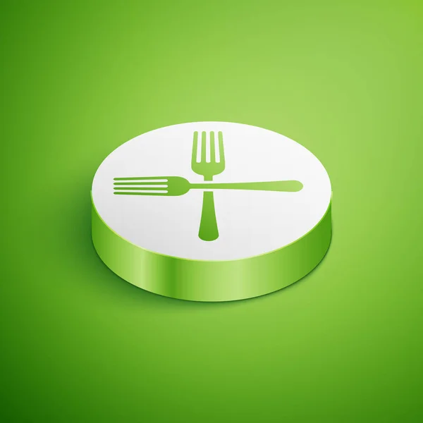 Isometryczna ikona skrzyżowanego widelca izolowana na zielonym tle. Symbol sztućców. Biały przycisk koła. Ilustracja wektora — Wektor stockowy