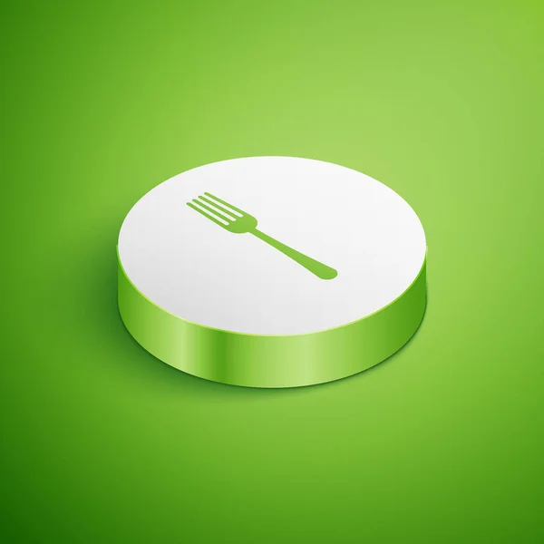 Isometrica icona della forcella isolata su sfondo verde. Posate simbolo. Pulsante cerchio bianco. Illustrazione vettoriale — Vettoriale Stock