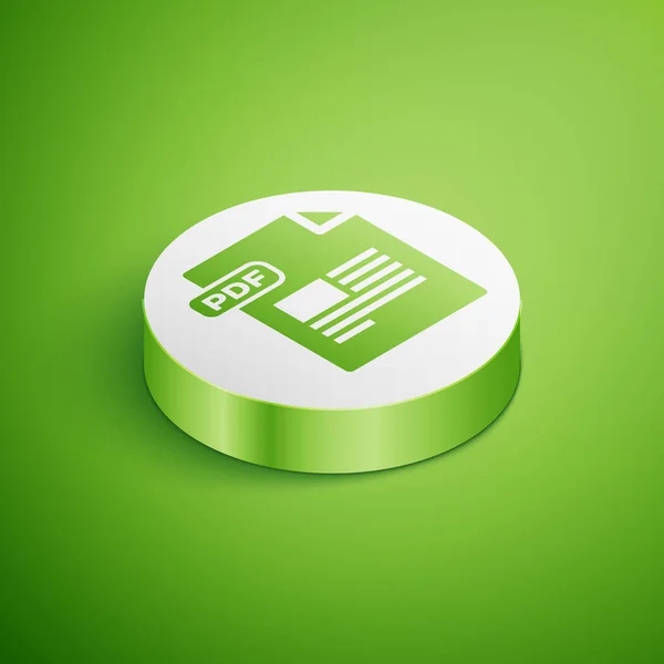 Documento de archivo PDF isométrico. Descargar icono del botón pdf aislado sobre fondo verde. Símbolo archivo PDF. Botón círculo blanco. Ilustración vectorial — Archivo Imágenes Vectoriales