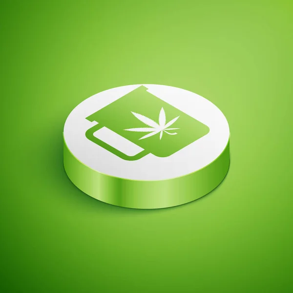 Isométrico Cup chá com maconha ou ícone de folha de cannabis isolado no fundo verde. Legalização da marijuana. Símbolo de cânhamo. Botão de círculo branco. Ilustração vetorial — Vetor de Stock