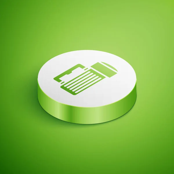 Isometrische zaklamp pictogram geïsoleerd op groene achtergrond. Toeristische zaklamp handvat. Witte cirkel knop. Vector Illustratie — Stockvector