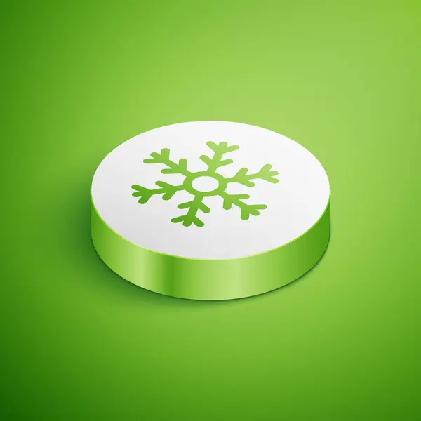 Icono isométrico de copo de nieve aislado sobre fondo verde. Botón círculo blanco. Ilustración vectorial — Vector de stock