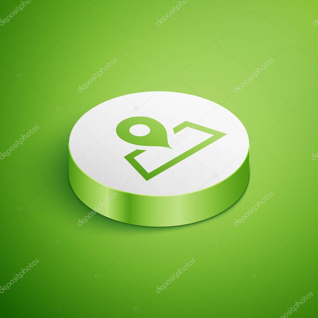 Isometric Placeholder on map paper in perspective icon isolated on green background. White circle button. Vector Illustration