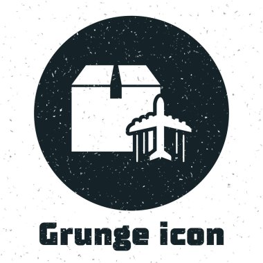 Grunge Uçak ve karton kutu simgesi beyaz arka planda izole edilmiş. Teslimat, ulaşım. Kargo hava yoluyla geliyor. Paketli uçaklar, kutular. Vektör İllüstrasyonu