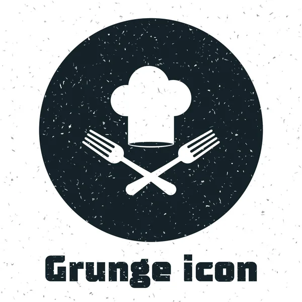 Grunge-Kochmütze und gekreuztes Gabelsymbol isoliert auf weißem Hintergrund. Kochsymbol. Restaurantkarte. Kochmütze. Vektorillustration — Stockvektor