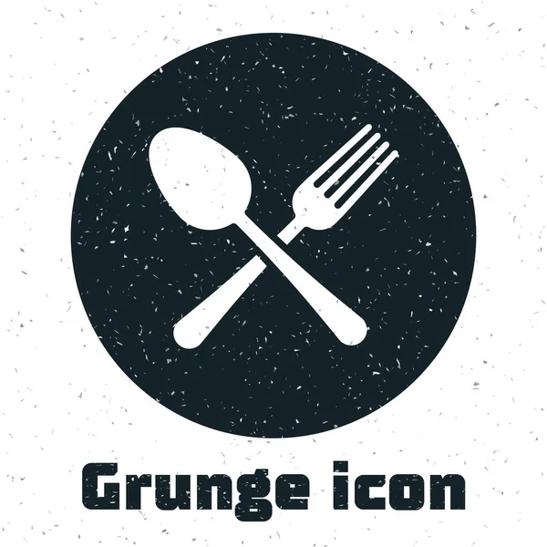 Grunge Crossed fork and spoon icon isolated on white background. Cooking utensil. Cutlery sign. Vector Illustration — Stock Vector