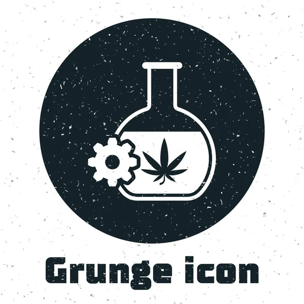 Grunge Chemikalien Reagenzglas mit Marihuana oder Cannabis Blatt Symbol isoliert auf weißem Hintergrund. Forschungskonzept. Labor cbd Öl-Konzept. Vektorillustration — Stockvektor