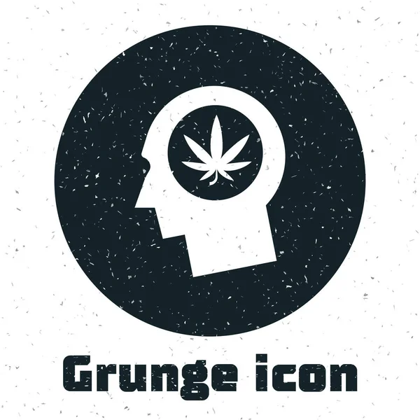 Grunge-Silhouette eines männlichen Kopfes im Profil mit Marihuana oder Cannabisblatt-Symbol auf weißem Hintergrund. Marihuana-Legalisierung. Hanf-Symbol. Vektorillustration — Stockvektor