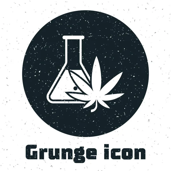 Tubo de ensayo Grunge Chemical con marihuana o icono de hoja de cannabis aislado sobre fondo blanco. Concepto de investigación. Concepto de aceite de CBD de laboratorio. Ilustración vectorial — Archivo Imágenes Vectoriales