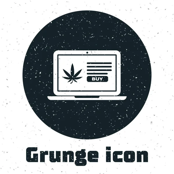 Grunge Laptop e maconha medicinal ou ícone de folha de cannabis isolado no fundo branco. Símbolo de compra online. Cesta de supermercado. Ilustração vetorial — Vetor de Stock