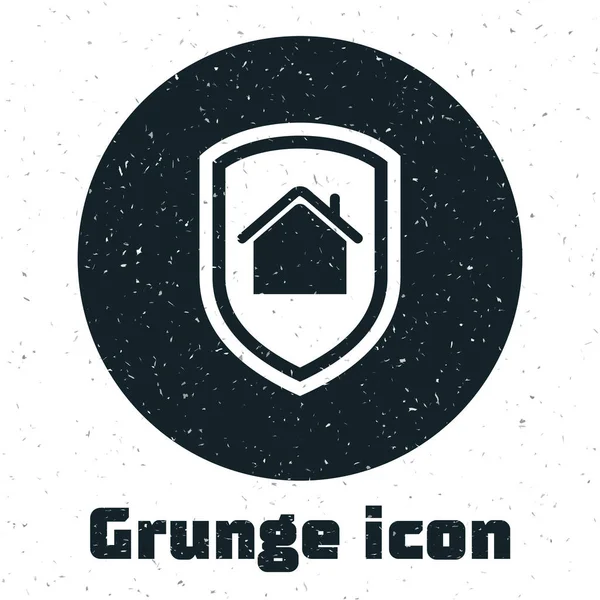 Grunge House under beskyttelse, ikon isolert på hvit bakgrunn. Hjem og skjold. Beskyttelse, sikkerhet, beskyttelse, forsvarskonsept. Vektorbelysning – stockvektor