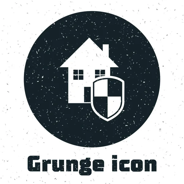 Grunge House sob ícone de proteção isolado no fundo branco. Casa e escudo. Protecção, segurança, segurança, protecção, conceito de defesa. Ilustração vetorial — Vetor de Stock
