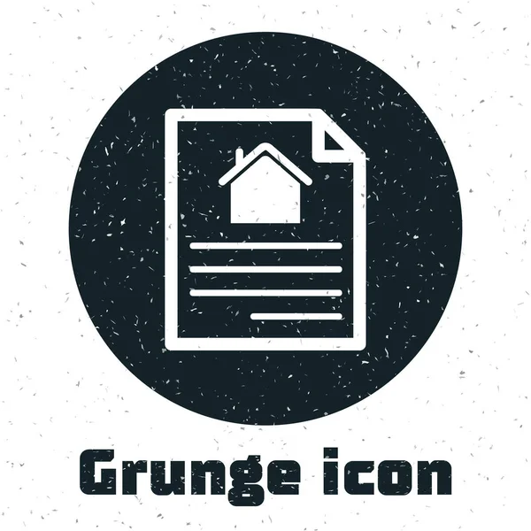 Grunge House szerződés ikon elszigetelt fehér alapon. Szerződéskötési szolgáltatás, dokumentumkészítés, igénylőlap-összetétel. Vektorillusztráció — Stock Vector