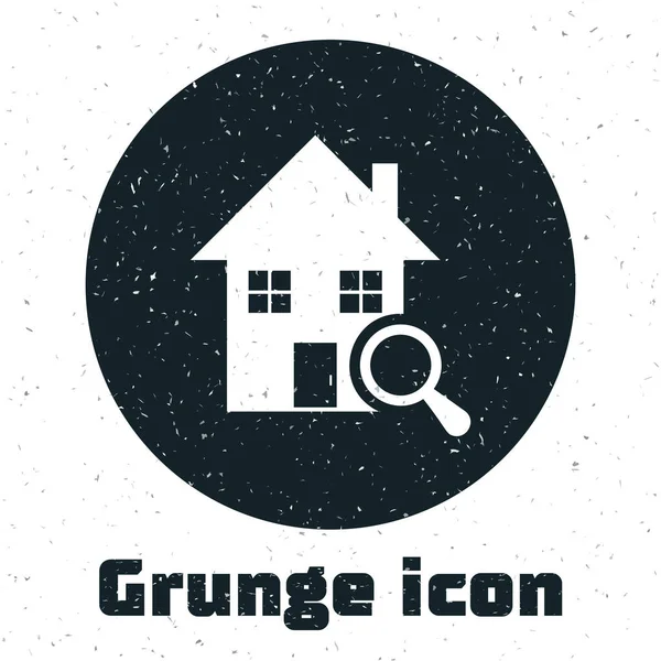 Grunge Rechercher icône de la maison isolé sur fond blanc. Symbole immobilier d'une maison sous loupe. Illustration vectorielle — Image vectorielle