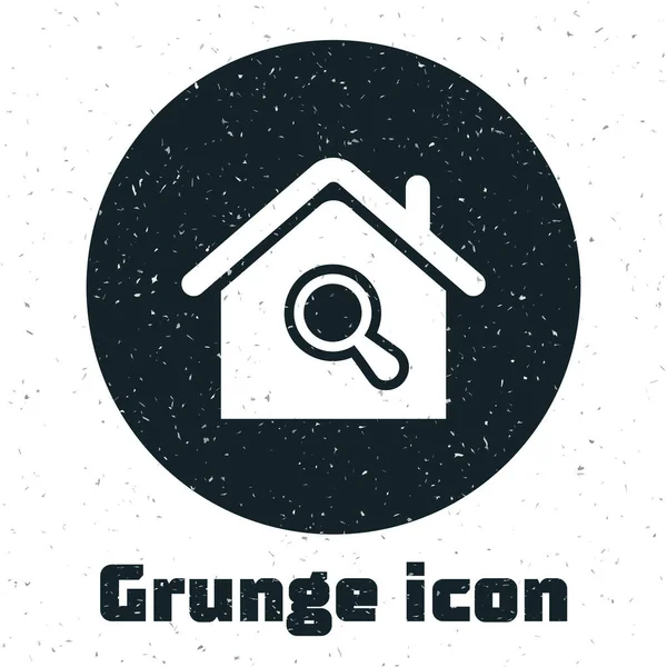 Grunge-Suche Haus Symbol isoliert auf weißem Hintergrund. Immobiliensymbol eines Hauses unter der Lupe. Vektorillustration — Stockvektor