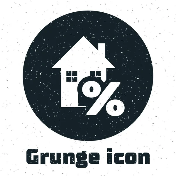 Grunge House with percant discount tag icon isolated on white background. House percentage sign price. Real estate home. Credit percentage symbol. Vector Illustration — Stock Vector