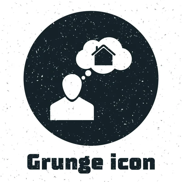 Grunge Man soñando con comprar un nuevo icono de la casa aislado sobre fondo blanco. Ilustración vectorial — Vector de stock