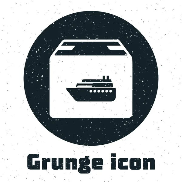 Barco de carga grunge con icono de servicio de entrega de cajas aislado sobre fondo blanco. Entrega, transporte. Carguero con paquetes, cajas, mercancías. Ilustración vectorial — Vector de stock