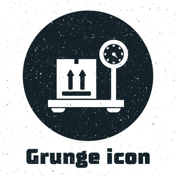 Κλίμακα Grunge με εικονίδιο χαρτονιού που απομονώνεται σε λευκό φόντο. Λογιστική και παράδοση. Βάρος του πακέτου παράδοσης σε κλίμακα. Εικονογράφηση διανύσματος — Διανυσματικό Αρχείο
