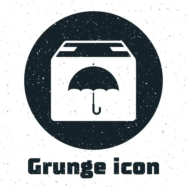 Grunge Paquet de livraison avec icône symbole de parapluie isolé sur fond blanc. Boîte en carton colis avec panneau parapluie. Logistique et livraison. Illustration vectorielle — Image vectorielle