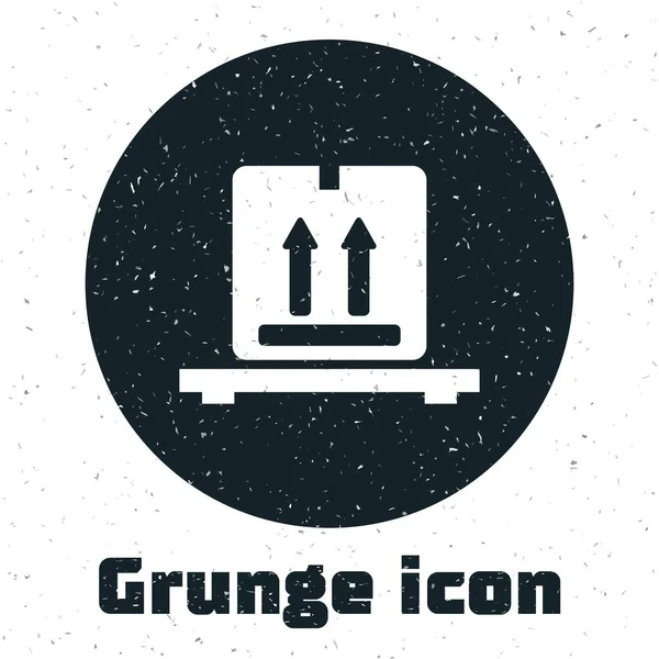 Grunge kartondoboz raklap ikonon, fehér alapon elkülönítve. Zárt kartondoboz törékeny jelzésekkel. Vektorillusztráció — Stock Vector