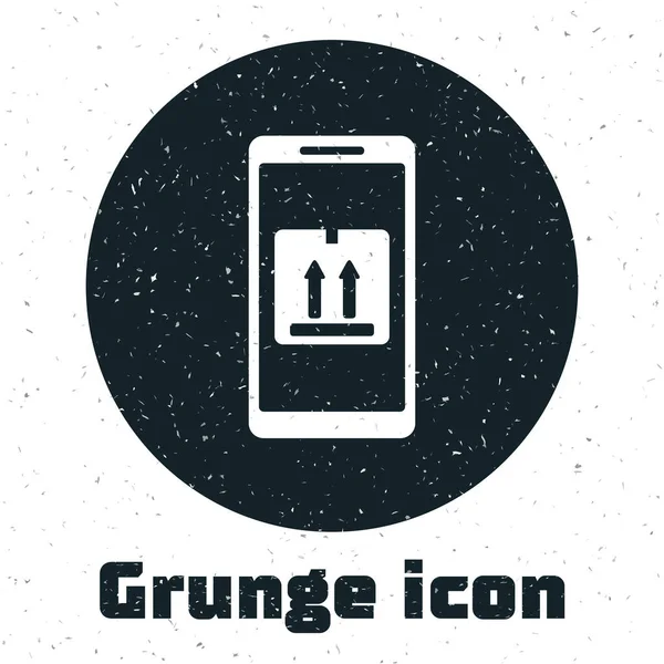 Grunge-Handy mit App-Tracking-Symbol auf weißem Hintergrund. Paketverfolgung. Vektorillustration — Stockvektor