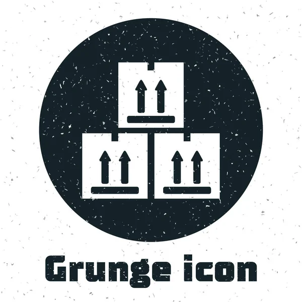 Grunge boîte en carton avec icône de symbole de circulation isolé sur fond blanc. Boîte, paquet, panneau de colis. Livraison, transport et expédition. Illustration vectorielle — Image vectorielle