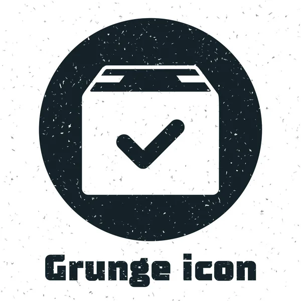 Caixa de pacote Grunge com ícone de marca de seleção isolado no fundo branco. Caixa de encomendas com marca de verificação. Entrega aprovada ou recibo de pacote bem sucedido. Ilustração vetorial — Vetor de Stock